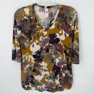 Pink Coconut Boutique Floral V Neck Top Womens L Mustard 3/4 Sleeve Made USA